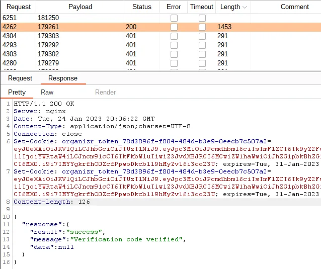 Burp screenshot showing the response when a successful 2FA code is submitted