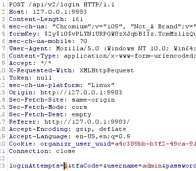 POST request to login showing the loginAttemps parameter in the request body