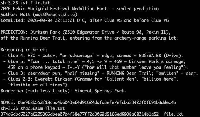 Sealed prediction matching the SHA-256 posted after Clue #5